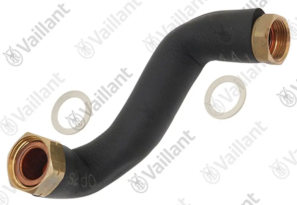 Vaillant Rohr mit zwei messingfarbenen Anschlussgewinden, gebogenem Design und einer Dichtungsschraube, die für Installationen gedacht ist.